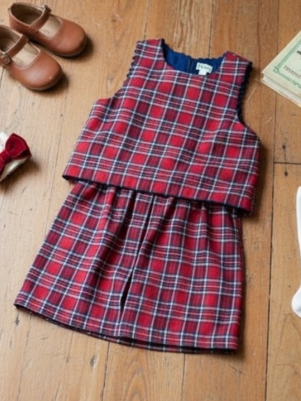 Hatley Girls Red Plaid Layered Dress Sz 7 Sleeveless Cotton Preppy NWOT Pleated